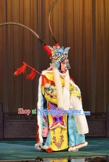 Chinese Beijing Opera Female Swordsman Apparels Costumes and Headdress Han Ming Fei Traditional Peking Opera Blues Dress Diva Wang Zhaojun Garment