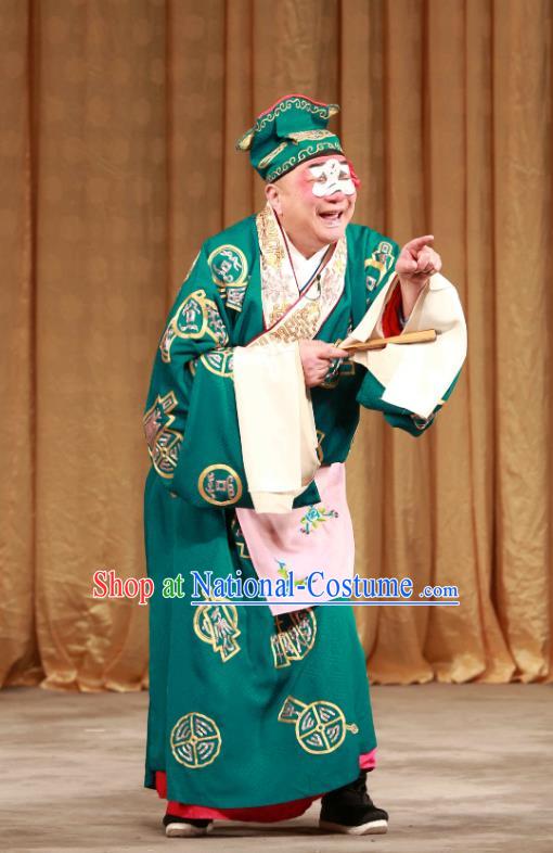 Mei Yu Pei Chinese Peking Opera Rich Childe Zhou Qifang Garment Costumes and Headwear Beijing Opera Chou Apparels Clown Green Clothing