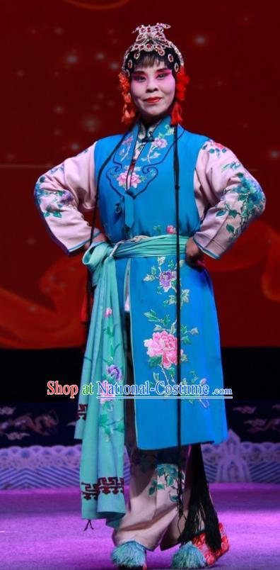 Chinese Shanxi Clapper Opera Xiaodan Garment Costumes and Headdress Qiu Sao Traditional Bangzi Opera Girl Blue Dress Young Lady Apparels