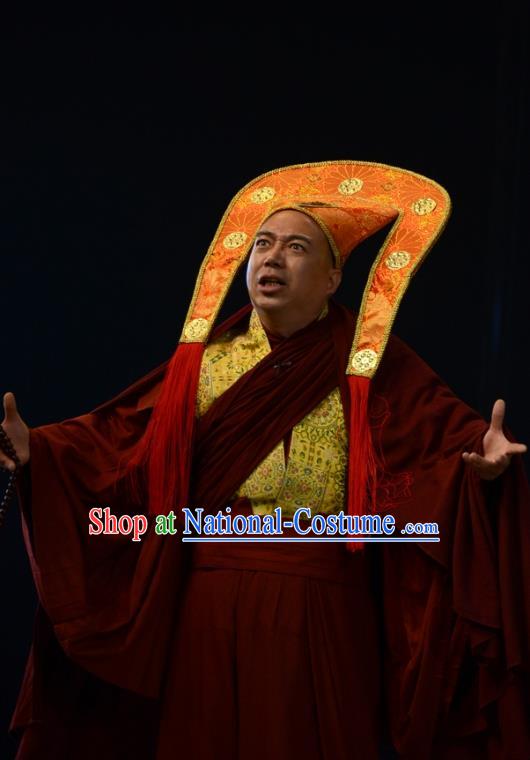 Sixth Panchen Chinese Bangzi Opera Priest Apparels Costumes and Headpieces Traditional Hebei Clapper Opera Monk Garment Lama Clothing