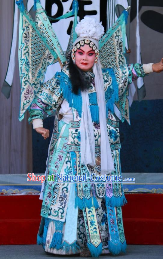 Chinese Shanxi Clapper Opera Martial Female Tao Sanchun Garment Costumes and Headdress Zui Chen Qiao Traditional Bangzi Opera Tao Ma Tan Dress Apparels with Flags