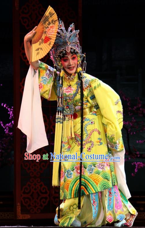 Chinese Jin Opera Diva Garment Costumes and Headdress Da Jin Zhi Traditional Shanxi Opera Hua Tan Dress Princess Shengping Yellow Apparels