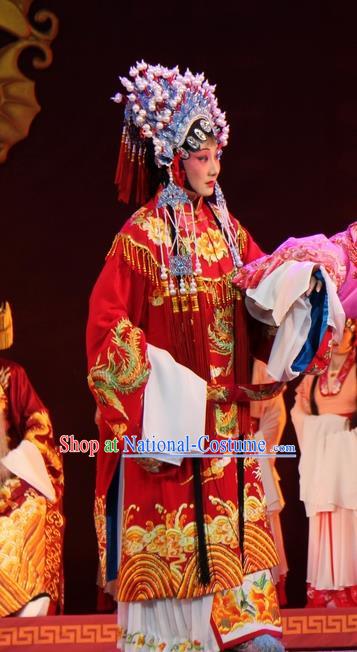 Chinese Jin Opera Bride Wedding Garment Costumes and Headdress Da Jin Zhi Traditional Shanxi Opera Hua Tan Red Dress Princess Shengping Apparels