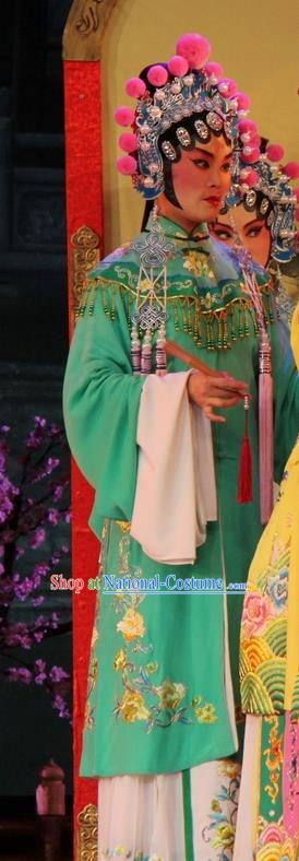 Chinese Jin Opera Maidservant Garment Costumes and Headdress Da Jin Zhi Traditional Shanxi Opera Court Maid Dress Xiaodan Green Apparels