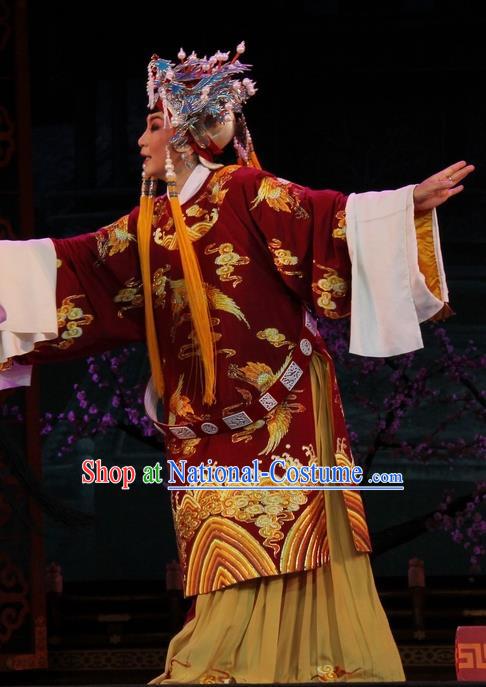 Chinese Jin Opera Empress Shen Garment Costumes and Headdress Da Jin Zhi Traditional Shanxi Opera Court Queen Dress Pantaloon Apparels