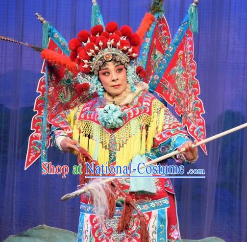 Chinese Jin Opera Tao Ma Tan Armor Garment Costumes and Headdress Li Hua Return Tang Traditional Shanxi Opera Female General Fan Lihua Dress Apparels with Flags