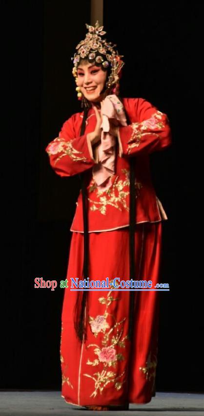 Chinese Jin Opera Young Lady Red Garment Costumes and Headdress Wo Hu Ling Traditional Shanxi Opera Hua Tan Dress Village Girl Apparels