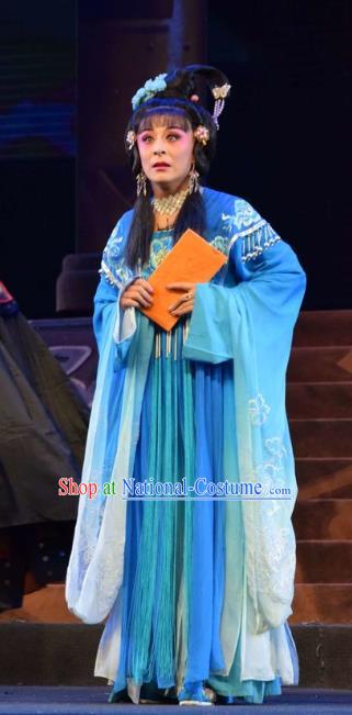 Chinese Jin Opera Young Beauty Garment Costumes and Headdress Madam Ruyi Traditional Shanxi Opera Hua Tan Blue Dress Actress Wu Meiniang Apparels