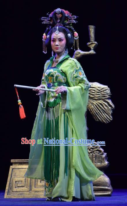 Chinese Jin Opera Imperial Consort Garment Costumes and Headdress Madam Ruyi Traditional Shanxi Opera Hua Tan Green Dress Diva Wu Meiniang Apparels