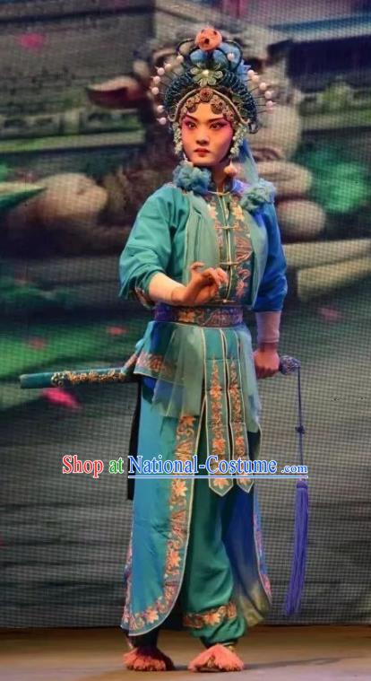 Chinese Jin Opera Female Swordsman Xiao Qing Garment Costumes and Headdress Madam White Snake Traditional Shanxi Opera Wudan Dress Martial Woman Apparels