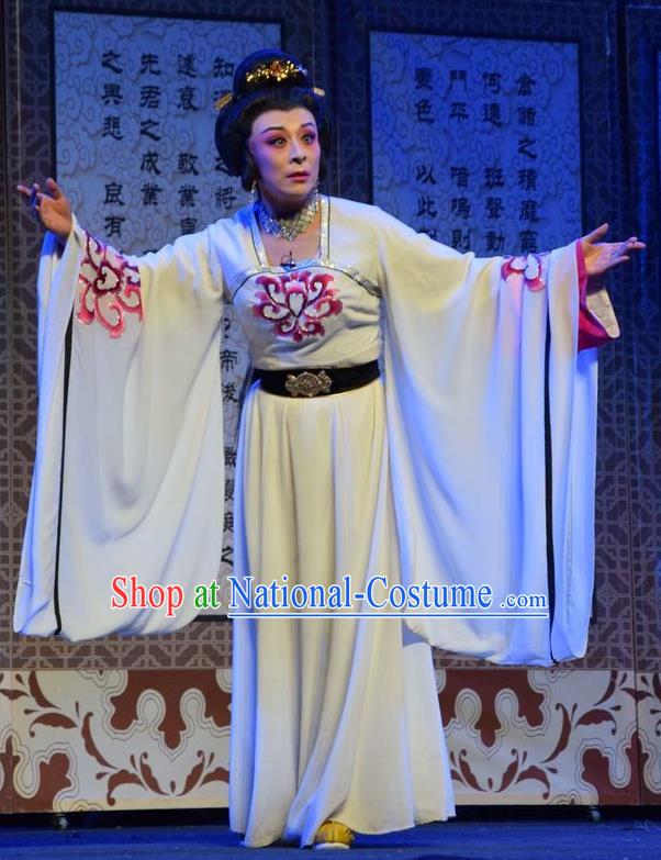 Chinese Jin Opera Noble Queen Garment Costumes and Headdress Madam Ruyi Traditional Shanxi Opera Court Lady White Dress Empress Apparels