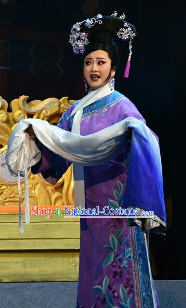 Chinese Jin Opera Court Maid Garment Costumes and Headdress Xiaozhuang Changge Traditional Shanxi Opera Qing Dynasty Palace Lady Purple Dress Apparels