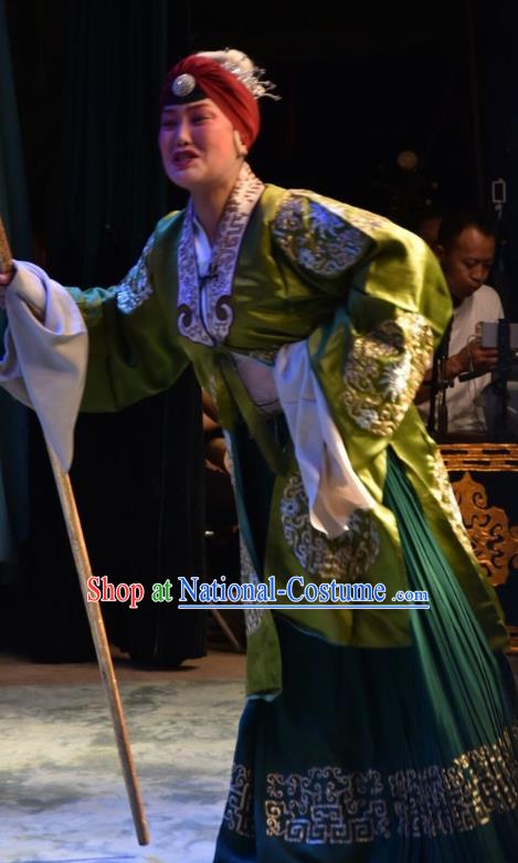 Chinese Jin Opera Pantaloon Garment Costumes and Headdress Han Yang Court Traditional Shanxi Opera Elderly Female Green Dress Noble Dame Apparels