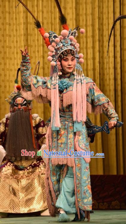 Chinese Jin Opera Female Warrior Blue Garment Costumes and Headdress Jin Sha Tan Traditional Shanxi Opera Wudan Dress Martial Woman Apparels