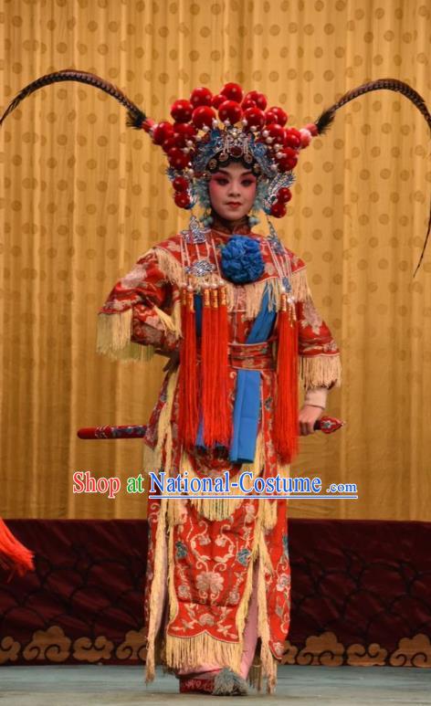 Chinese Jin Opera Female Warrior Garment Costumes and Headdress Jin Sha Tan Traditional Shanxi Opera Soldier Dress Martial Woman Red Apparels