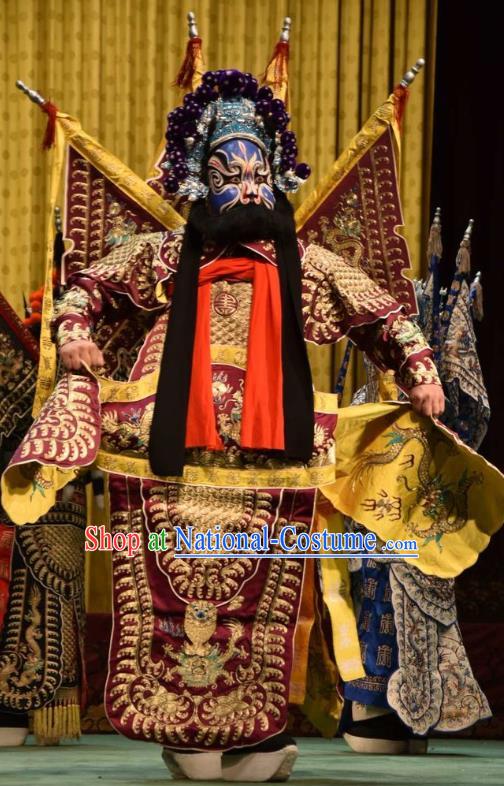 Jin Sha Tan Chinese Shanxi Opera Martial Male Armor Apparels Costumes and Headpieces Traditional Jin Opera General Garment Purplish Red Kao Clothing with Flags