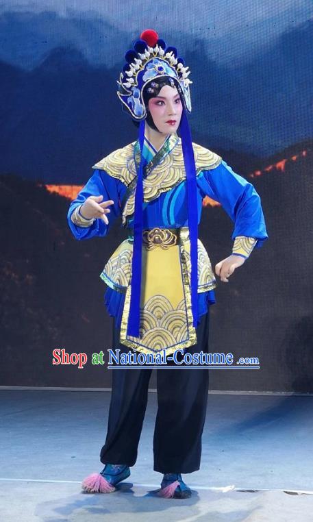 Chinese Jin Opera Martial Woman Garment Costumes and Headdress Xiong Guan Niang Zi Traditional Shanxi Opera Wudan Dress Female Soldier Apparels