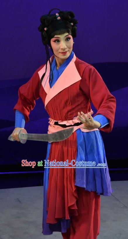 Chinese Jin Opera Civilian Woman Garment Costumes and Headdress Xiong Guan Niang Zi Traditional Shanxi Opera Wudan Dress Female Swordsman Apparels