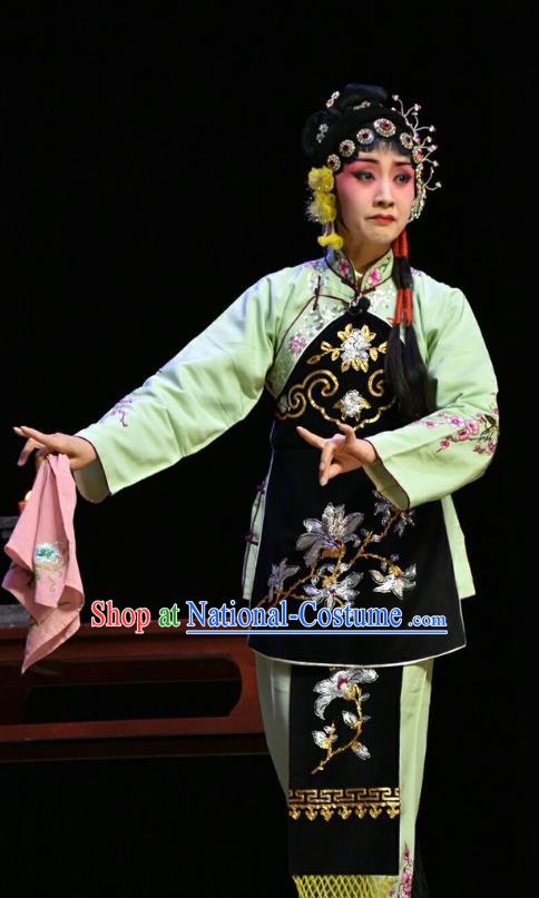 Chinese Jin Opera Village Girl Su Wujuan Garment Costumes and Headdress Fifteen Strings of Cash Traditional Shanxi Opera Young Lady Dress Xiaodan Apparels