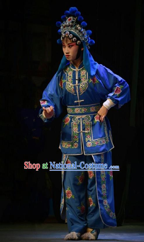 Chinese Jin Opera Female Swordsman Garment Costumes and Headdress Traditional Shanxi Opera Martial Woman Dress Wudan Blue Apparels