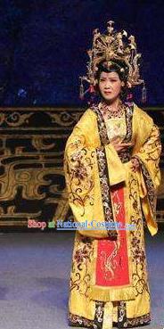 Chinese Jin Opera Queen Garment Costumes and Headdress Wu Zetian and Di Renjie Traditional Shanxi Opera Actress Dress Tang Dynasty Empress Apparels