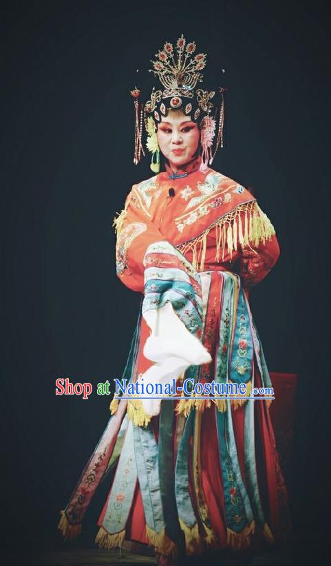 Chinese Jin Opera Royal Empress Garment Costumes and Headdress Traditional Shanxi Opera Court Woman Red Dress Queen Ma Luanying Apparels