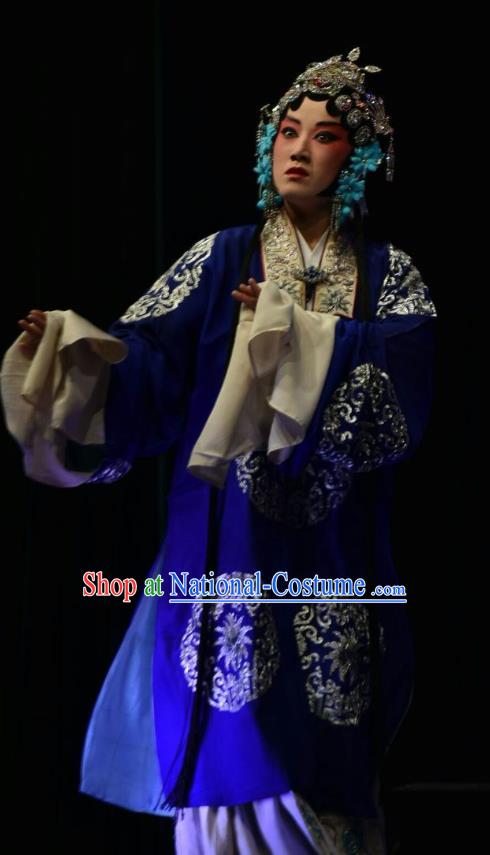 Chinese Jin Opera Rich Concubine Garment Costumes and Headdress Breeze Pavilion Traditional Shanxi Opera Actress Blue Dress Young Female Apparels