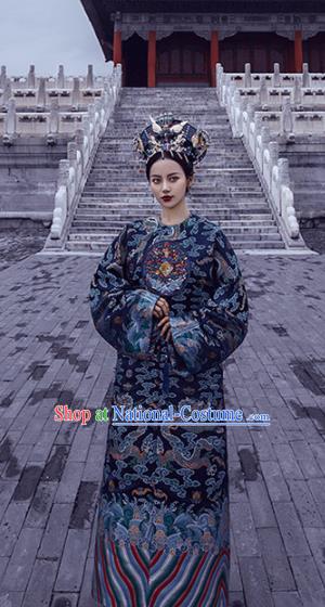 Chinese Qing Dynasty Noble Female Historical Costumes Traditional Manchu Apparels Ancient Imperial Consort Hanfu Dress and Headdress for Women