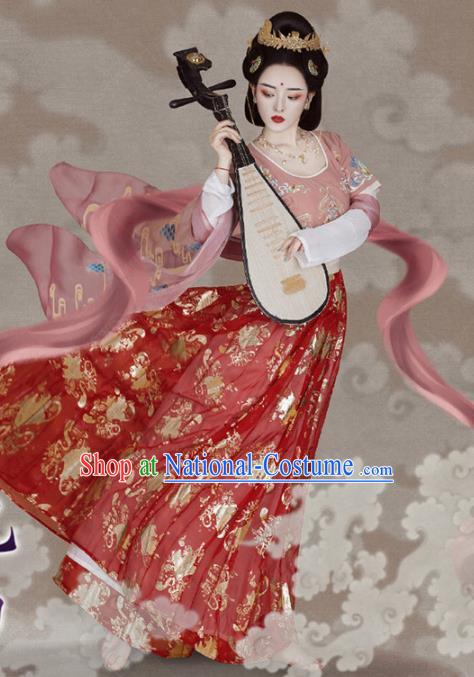 Chinese Tang Dynasty Palace Princess Historical Costumes Traditional Dunhuang Flying Apsaras Apparels Ancient Goddess Hanfu Dress and Headdress Complete Set