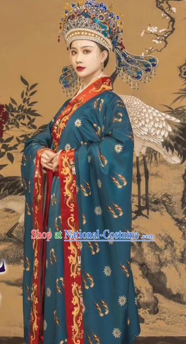 Chinese Song Dynasty Imperial Empress Historical Costumes Traditional Serenade of Peaceful Joy Apparels Ancient Royal Queen Hanfu Dress and Headdress Complete Set