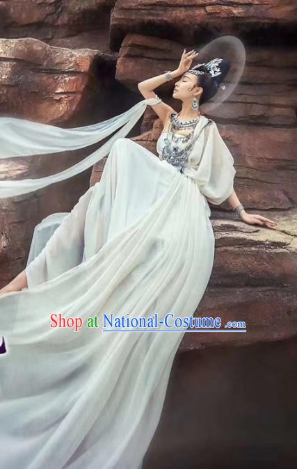 Chinese Traditional Dunhuang Flying Apsaras Apparels Tang Dynasty Palace Lady Historical Costumes Ancient Goddess White Hanfu Dress and Headpieces Complete Set