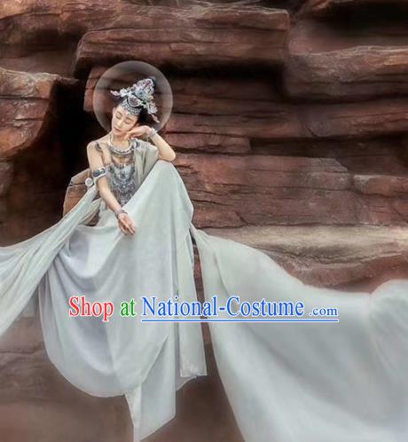 Chinese Traditional Dunhuang Flying Apsaras Apparels Tang Dynasty Palace Lady Historical Costumes Ancient Goddess White Hanfu Dress and Headpieces Complete Set