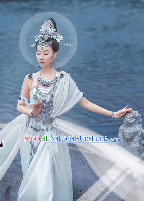 Chinese Traditional Dunhuang Flying Apsaras Apparels Tang Dynasty Palace Lady Historical Costumes Ancient Goddess White Hanfu Dress and Headpieces Complete Set