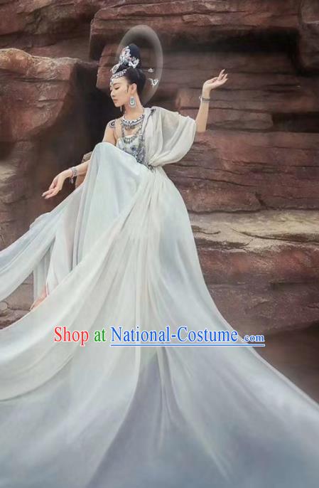 Chinese Traditional Dunhuang Flying Apsaras Apparels Tang Dynasty Palace Lady Historical Costumes Ancient Goddess White Hanfu Dress and Headpieces Complete Set