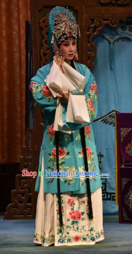 Chinese Jin Opera Young Female Garment Costumes and Headdress Fu Gui Tu Traditional Shanxi Opera Actress Yin Bilian Blue Dress Diva Apparels