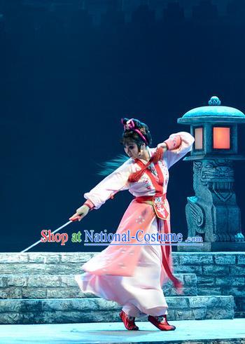 Chinese Jin Opera Female Swordsman Garment Costumes and Headdress Ba Ersi Yu Shi Traditional Shanxi Opera Young Lady Dress Wudan Apparels