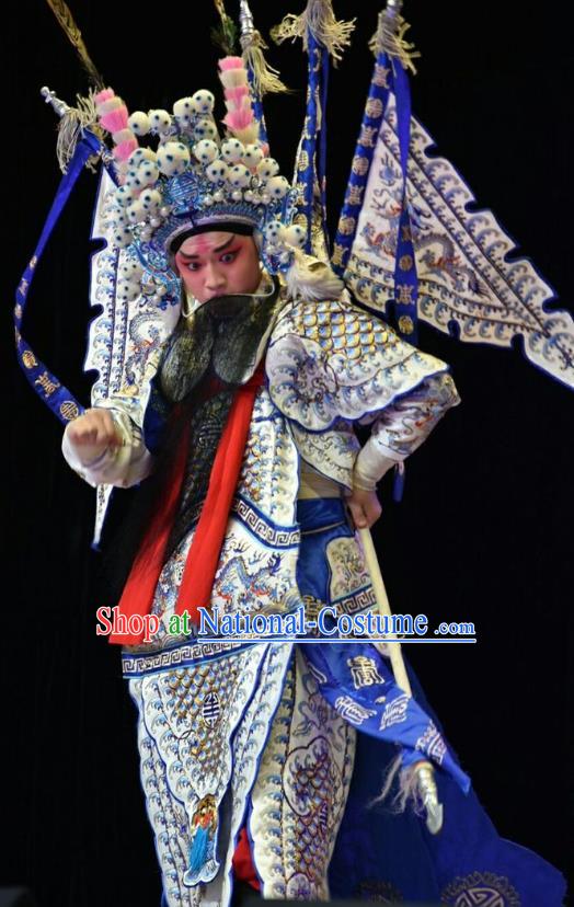 Hu Sanniang Chinese Shanxi Opera Wusheng Apparels Costumes and Headpieces Traditional Jin Opera General Yang Xiong Garment Kao Clothing with Flags