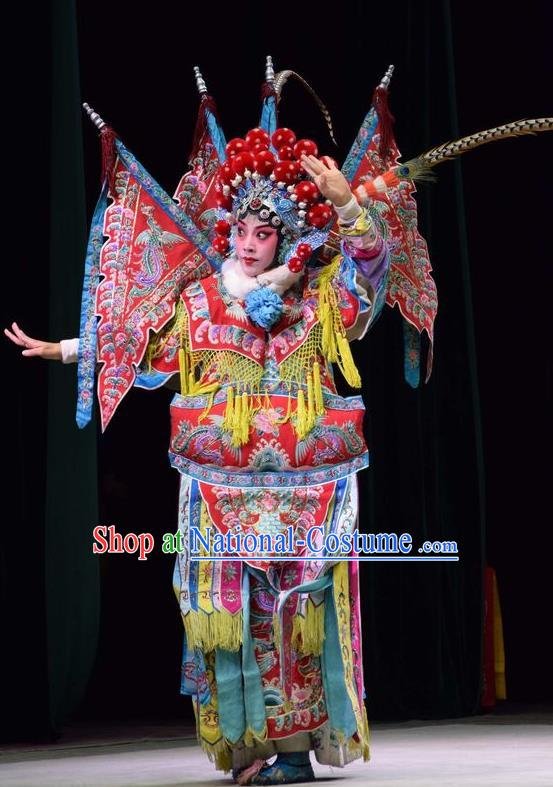 Chinese Jin Opera Female General Mu Guiying Garment Costumes and Headdress San Guan Dian Shuai Traditional Shanxi Opera Tao Ma Tan Dress Red Kao Apparels with Flags