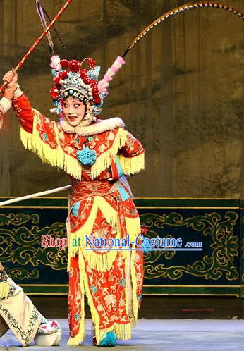 Chinese Jin Opera Swordswoman Garment Costumes and Headdress San Guan Dian Shuai Traditional Shanxi Opera Red Dress Female General Mu Guiying Apparels