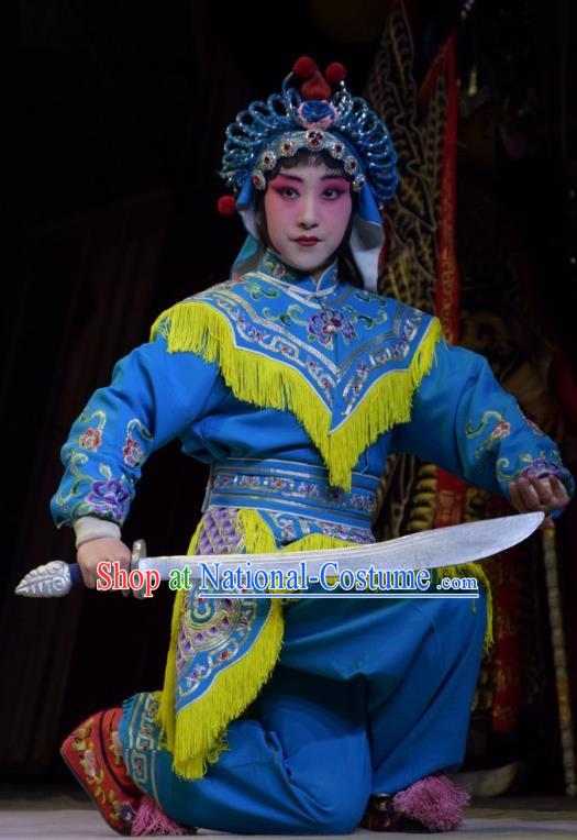 Chinese Jin Opera Wudan Blue Garment Costumes and Headdress San Guan Dian Shuai Traditional Shanxi Opera Female Swordsman Dress Martial Woman Apparels