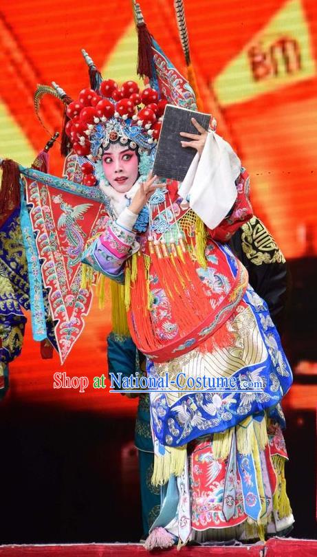 Chinese Jin Opera Blues Mu Guiying Garment Costumes and Headdress San Guan Dian Shuai Traditional Shanxi Opera Tao Ma Tan Dress Female General Apparels with Flags