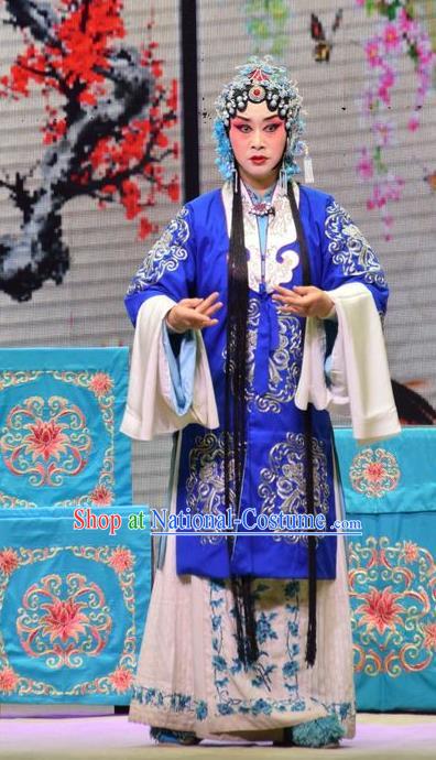 Chinese Jin Opera Young Female Garment Costumes and Headdress Xia He Dong Traditional Shanxi Opera Actress Apparels Mistress Blue Dress