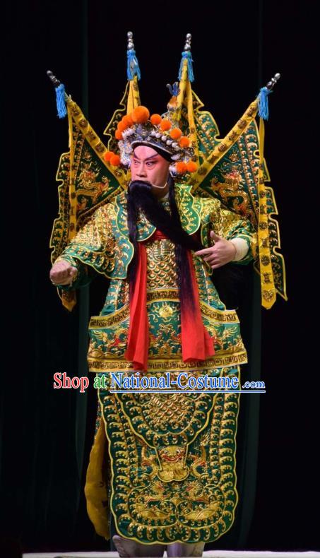 Xia He Dong Chinese Shanxi Opera General Green Kao Apparels Costumes and Headpieces Traditional Jin Opera Garment Military Officer Huyan Shouting Clothing with Flags