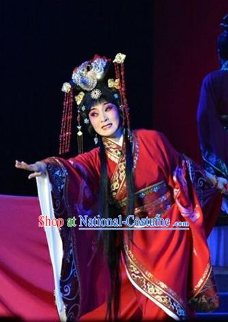 Chinese Jin Opera Hua Tan Garment Costumes and Headdress Zhen Luo Nv Traditional Shanxi Opera Diva Zhen Luo Apparels Actress Red Dress