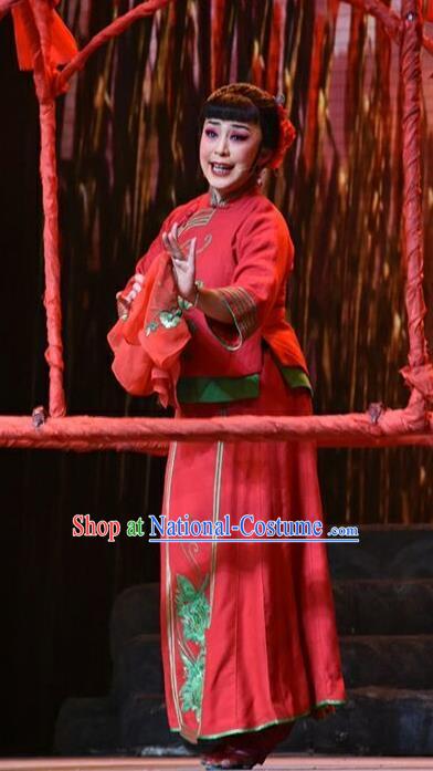 Chinese Jin Opera Bride Red Garment Costumes and Headdress The Red Sorghum Traditional Shanxi Opera Actress Jiu Er Apparels Village Girl Dress