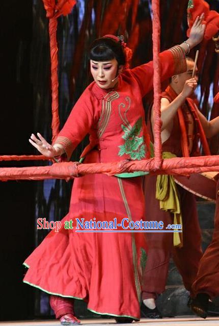 Chinese Jin Opera Bride Red Garment Costumes and Headdress The Red Sorghum Traditional Shanxi Opera Actress Jiu Er Apparels Village Girl Dress