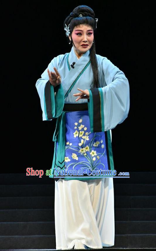 Chinese Jin Opera Country Woman Garment Costumes and Headdress Fan Jin Zhong Ju Traditional Shanxi Opera Young Female Apparels Blue Dress