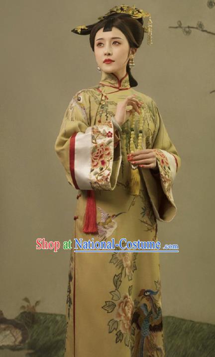 Chinese Traditional Qing Dynasty Imperial Consort Historical Costumes Ancient Royal Queen Hanfu Dress Manchu Empress Apparels and Headpieces Complete Set