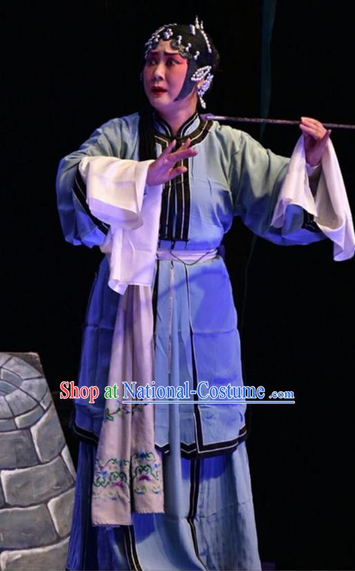 Chinese Jin Opera Distress Woman Garment Costumes and Headdress Bai Tu Ji Traditional Shanxi Opera Diva Li Sanniang Apparels Young Female Blue Dress