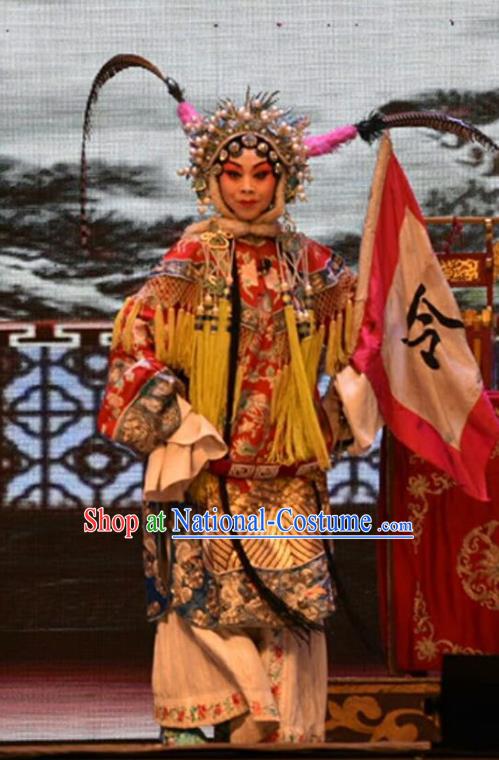 Chinese Jin Opera Tao Ma Tan Garment Costumes and Headdress Lu Hua River Traditional Shanxi Opera Blues Apparels Female General Fan Lihua Dress